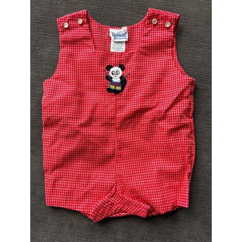 Vintage Nannette Baby Romper Red Gingham Panda Bear Drum Jon Jon Size 6M